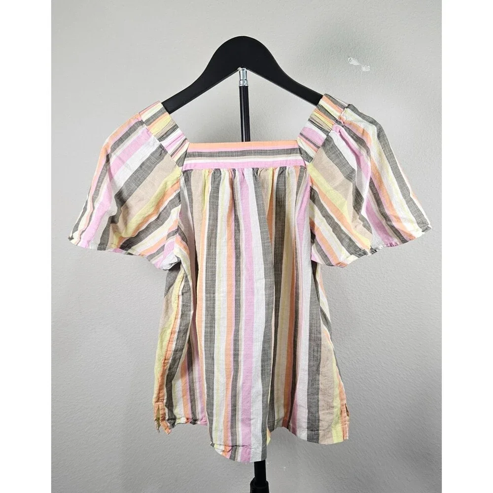LOFT Petites XS Puff Sleeve Blouse Stripe Cotton Peasant Top Pastel‎ Summer
